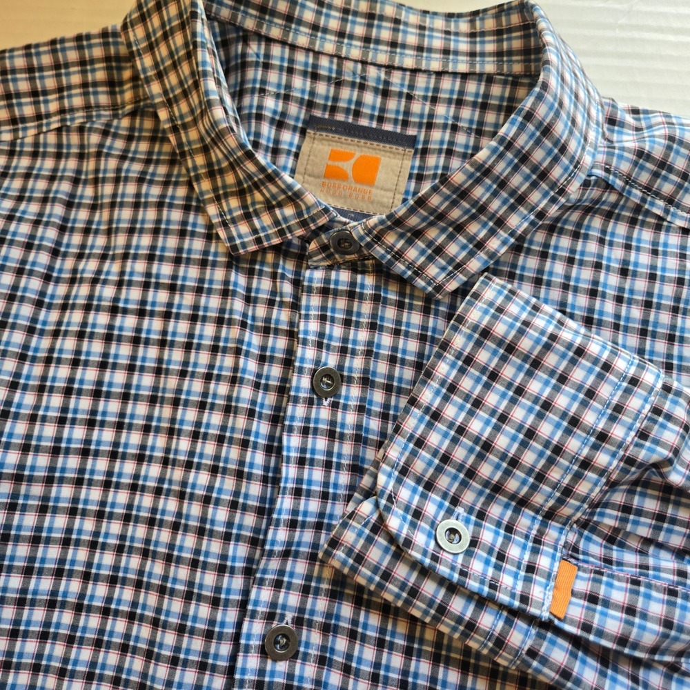 Boss Orange Hugo Boss Mens Large Plaid Button Front Long Sleeve Shirt Blue Check
